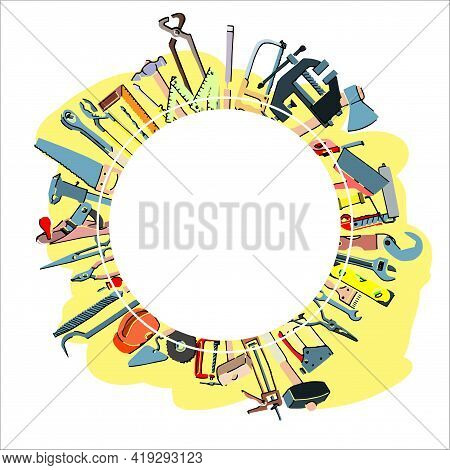 Round Frame With Hand Tools On Yellow Background