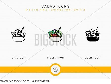 Salad Icons Set Vector Illustration With Solid Icon Line Style. Vegetables Bowl Nutrition Concept. E