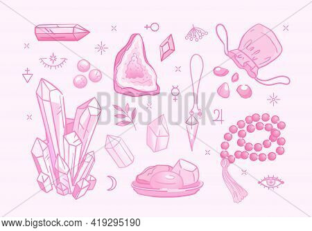 Set Of Isolated Stickers About Lithotherapy In Sugar Pink Palette