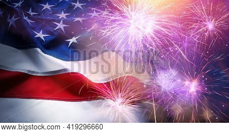 American Flag And Fireworks, Banner Design. Independence Day Of Usa
