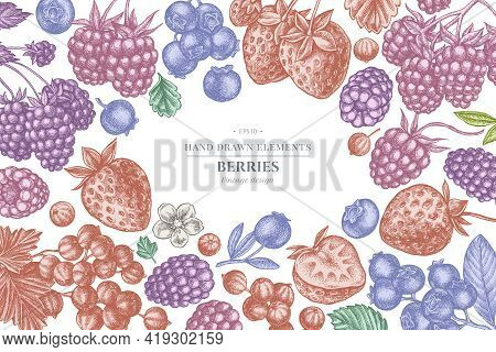 Design With Pastel Colored Strawberry, Blueberry, Red Currant, Raspberry, Blackberry Stock Illustrat