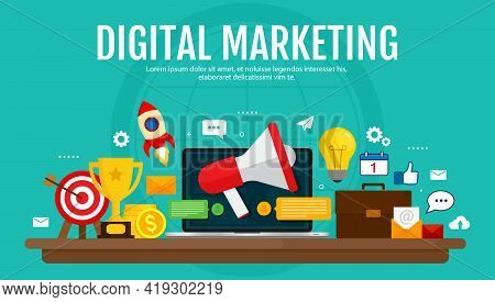 Digital Marketing And Digital Advertising Concept. Media Promotion, Social Network, Seo. Vectro Illu