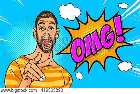 Pop Art Man Screams In Horror, Panic Face.shocked Hipster Bearded With Comic Cloud.scared Man Young 