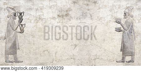Ancient wall with bas-relief with two foreign ambassadors with gift and donation, Persepolis, Iran. Horizontal background with embossed image persian bearded man. Mock up template. Copy space for text