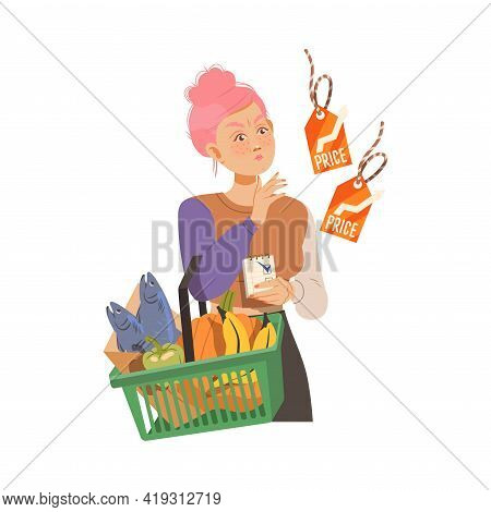Female With Shopping Basket Looking At Price Tag In Supermarket Frowning With Disapproval Vector Ill