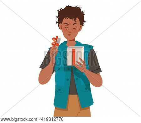 Freckled Man Opening Gift Box Frowning With Dissatisfaction Vector Illustration