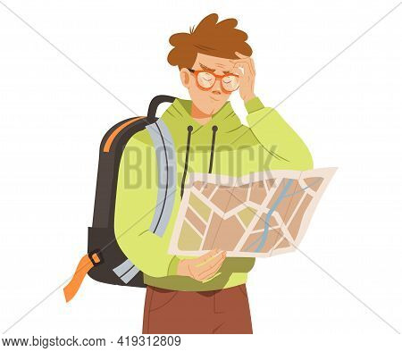 Male In Hoody With Backpack Examining Map Scratching His Forehead With Puzzlement Vector Illustratio