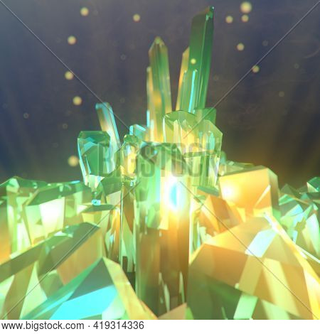 Abstract Magic Shiny Diamond For Decoration Design Emits Glowing Particles. Luxury Digital Illustrat
