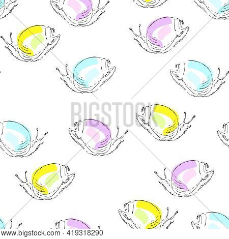 Hand-drawn Seamless Pattern Of Colorful Exotic Tropical Snails