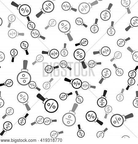Black Magnifying Glass With Percent Icon Isolated Seamless Pattern On White Background. Discount Off