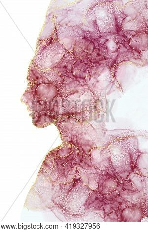 Abstract Silhouette Of A Girl Drawn With Alcohol Ink On A White Background Stains