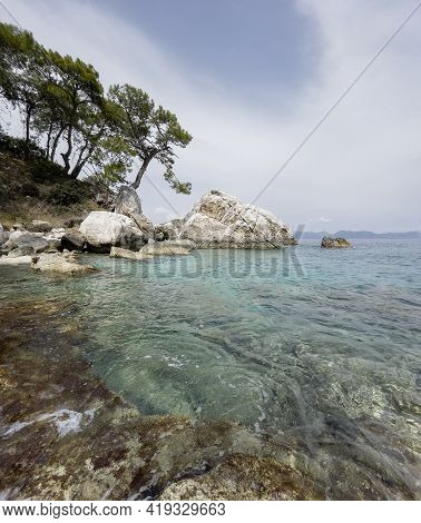 Picturesque Mediterranean Wild Beach Harbor On The Turkish Sea Rocky Coast Near From Antalya