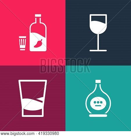 Set Pop Art Bottle Of Cognac Or Brandy, Glass Vodka, Wine Glass And Vodka With Pepper Icon. Vector