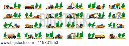 Set Of Construction Equipment Work At The Site. Collection Of Machines For Construction On A Landsca