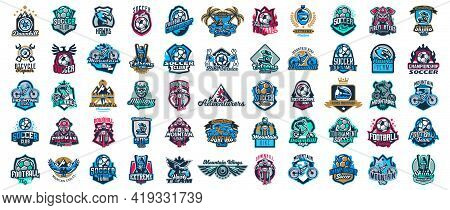Huge Set Of Colorful Sports Logos, Emblems. Extreme And Team Sports Logos. Mountain Bike, Surfing, S
