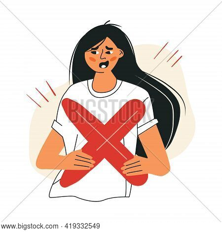 Angry Screaming Aggressive Girl With Red Cross Sign Flat Vector Cartoon Illustration Isolated On Whi