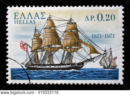 ZAGREB, CROATIA - SEPTEMBER 18, 2014: Stamp printed in Greece from the 150th Anniversary of War of Independence, shows warship Leonidas, circa 1971.