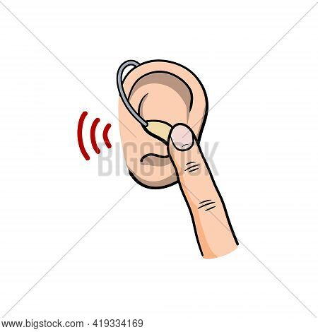 Hearing Aid. Audiphone And Finger In Ear. Hearing Problems And Disabilities. Sound Icon. Cartoon Ill