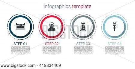 Set Antique Treasure Chest, Monk, Castle Tower And Torch Flame. Business Infographic Template. Vecto