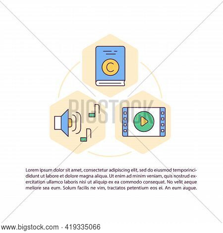 Copyright Law Concept Line Icons With Text. Ppt Page Vector Template With Copy Space. Brochure, Maga