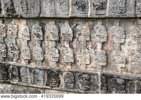 Skull Reliefs At Tzompantli, The Platform Of Skulls, Chichen-itza, Yucatan, Mexico