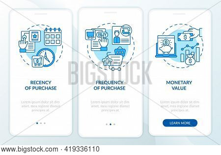 Rfm Model Analytics Onboarding Mobile App Page Screen With Concepts. Newness, Frequency Walkthrough 