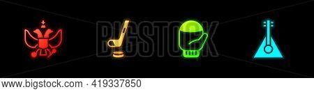 Set National Emblem Of Russia, Ice Hockey Stick And Puck, Christmas Mitten And Balalaika Icon. Vecto