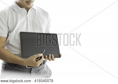 Businessman Presenting Digital Tablet With Blank Screen In Clipping Path