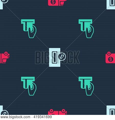 Set Armored Truck, Inserting Coin And Credit Card Inserted On Seamless Pattern. Vector