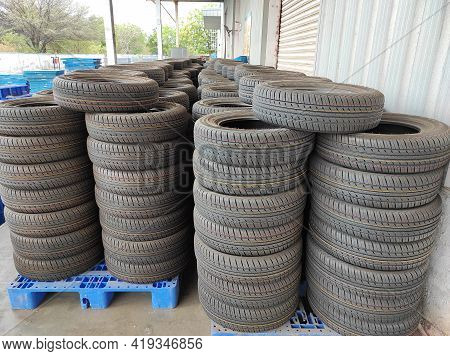 Indian Factory Warehouse Car Tires Storage Background