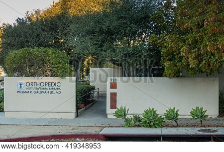 Santa Barbara, Ca, Usa - February 22, 2021: Early Morning Light On Front Facade And Entrance Of Orth
