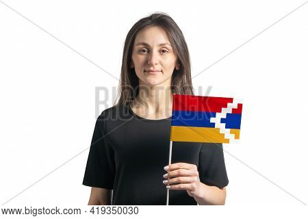 Happy Young White Girl Holding Nagorno-karabakh Republic Flag Isolated On A White Background.