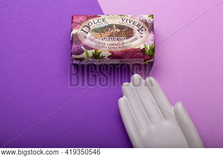 Prague,czech Republic - 11  January,2021: Natural Portofino Soap And Ceramic Hand On The Purple Tabl