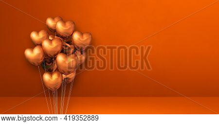 Copper Heart Shape Balloons Bunch On Orange Wall Background. Horizontal Banner. 3d Illustration Rend
