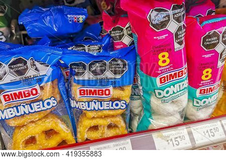 Bimbo White Donitas Donuts And Bimbunuelos Packaging Supermarket In Mexico.