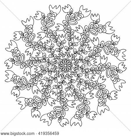 Fantasy Plant And Flowers Mandala Coloring Page Stock Vector Illustration. Hand-drawn Spiral Floral 
