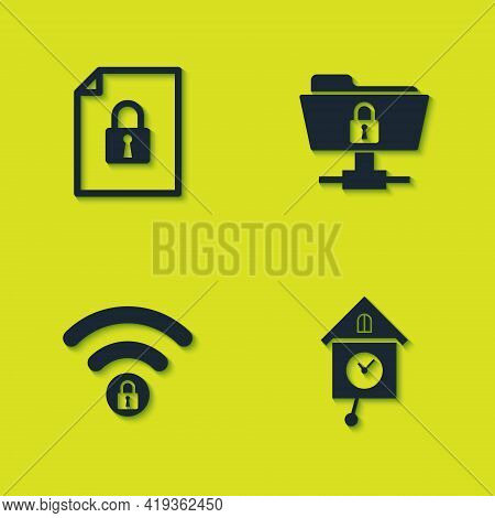 Set Document And Lock, Retro Wall Watch, Wifi Locked And Ftp Folder Icon. Vector
