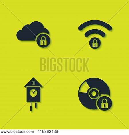 Set Cloud Computing Lock, Cd Or Dvd Disk With, Retro Wall Watch And Wifi Locked Icon. Vector