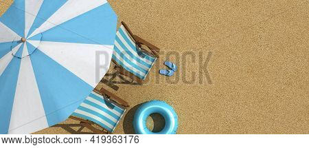 The Concept Of Summer Vacation. Top View On A Sun Lounger Under An Umbrella On The Sandy Beach, 3d R