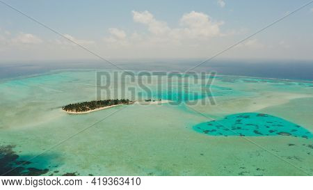 Tropical Island With Palm Trees And A Beach, Top View. Onok Islan, Balabac, Philippines. Summer And 
