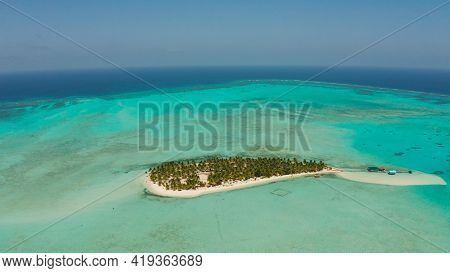 Sand Beach And Tropical Islands By Atoll With Coral Reef, Top View. Onok Island, Balabac, Philippine