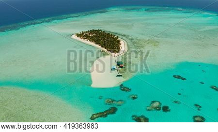 Tropical Island With Palm Trees And A Beach, Top View. Onok Islan, Balabac, Philippines. Summer And 