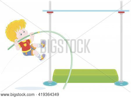 Cheerful Little Boy Vaulting Over A High Bar With A Long Flexible Pole At A Competition On A Stadium
