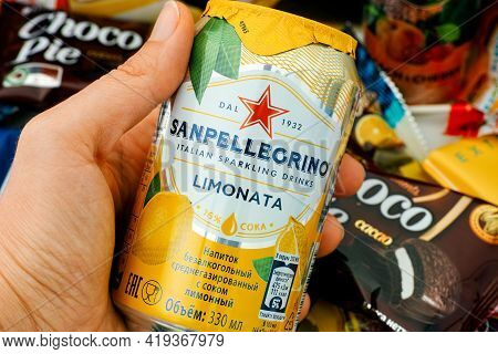Tambov, Russian Federation - October 30, 2020 Sanpellegrino Limonata Sparkling Drinks Can In Woman H
