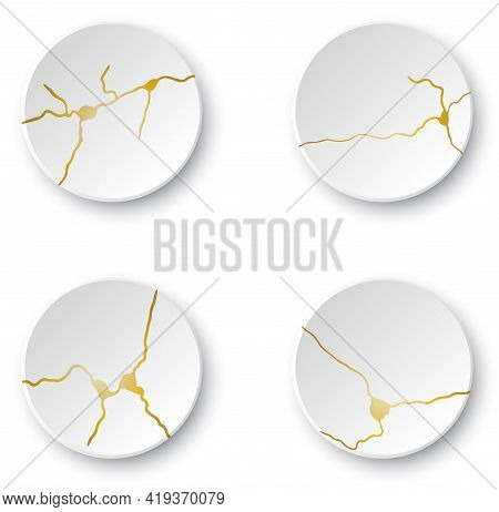 Gold Kintsugi Cracks Set. Broken And Crack Effect, Craquelure And Damaged Texture. Vector Illustrati