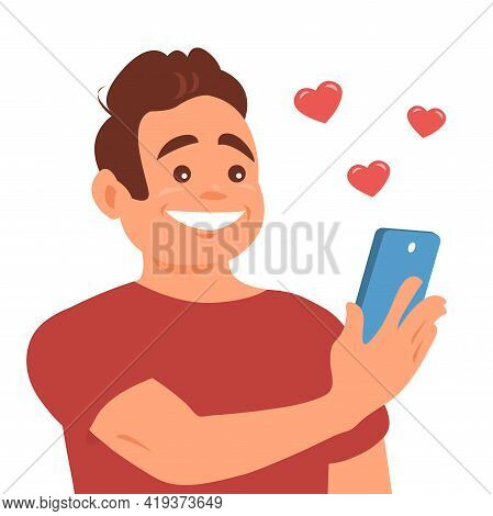 A Young Man Gets Likes On Social Networks. Smartphone In Hand. Happy Smile On Your Face. Cartoon Ill