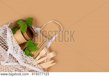 Eco-friendly Tableware - Kraft Paper Food Cups And Containers With Wooden Cutlery In Cotton Net Bag 