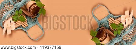 Banner With Eco-friendly Tableware - Kraft Paper Food Cups And Containers With Wooden Cutlery In Cot