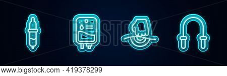 Set Line Pipette, Iv Bag, Massage And Jump Rope. Glowing Neon Icon. Vector