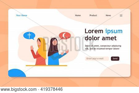 Believing Christian And Islam Women Praying To God. Belief, Worship, Church Flat Vector Illustration